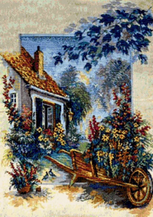 Тележка садовника - дом, пейзаж, тележка, сад, лето - предпросмотр