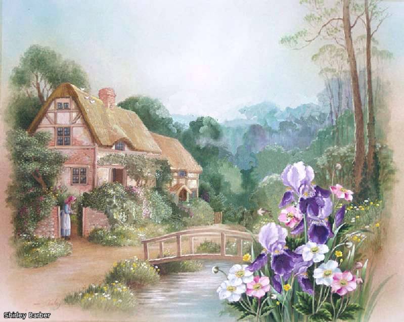 Пейзаж - цветы, пейзаж, дом, ирисы - оригинал