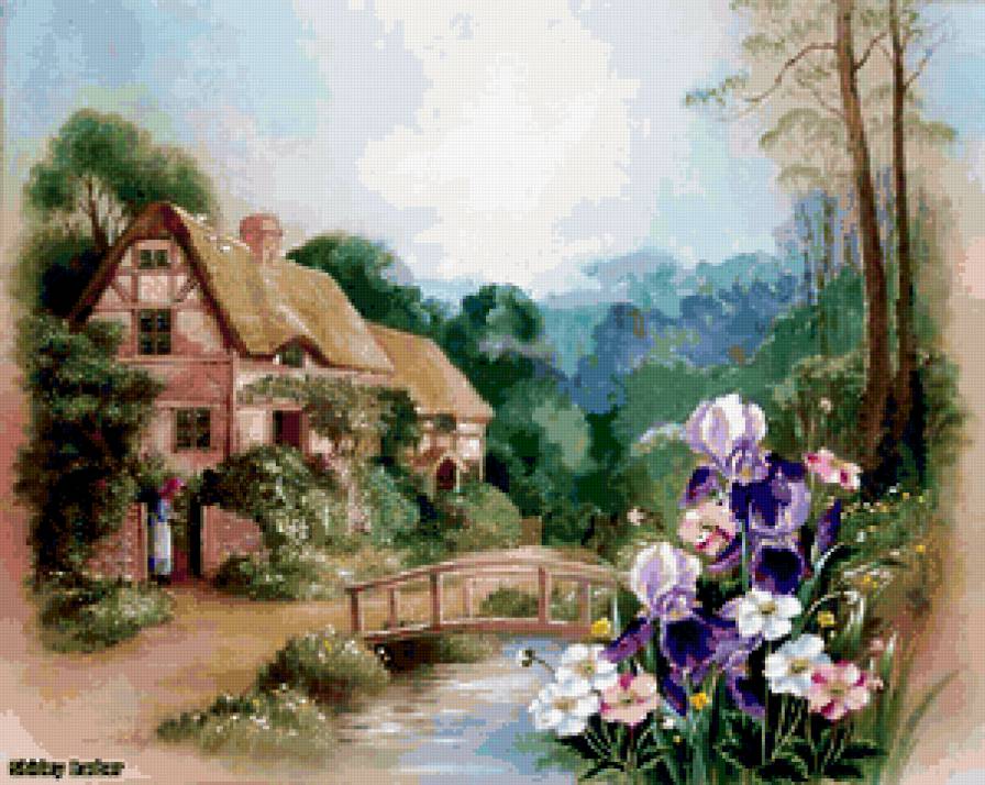 Пейзаж - дом, ирисы, пейзаж, цветы - предпросмотр