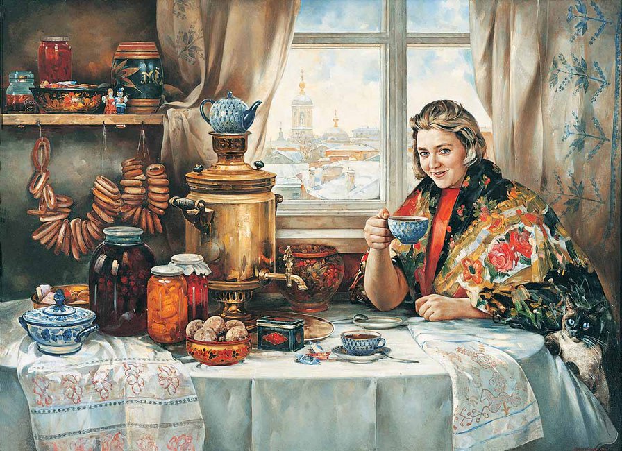Не попить ли нам чайку... - девушка, самовар, люди - оригинал