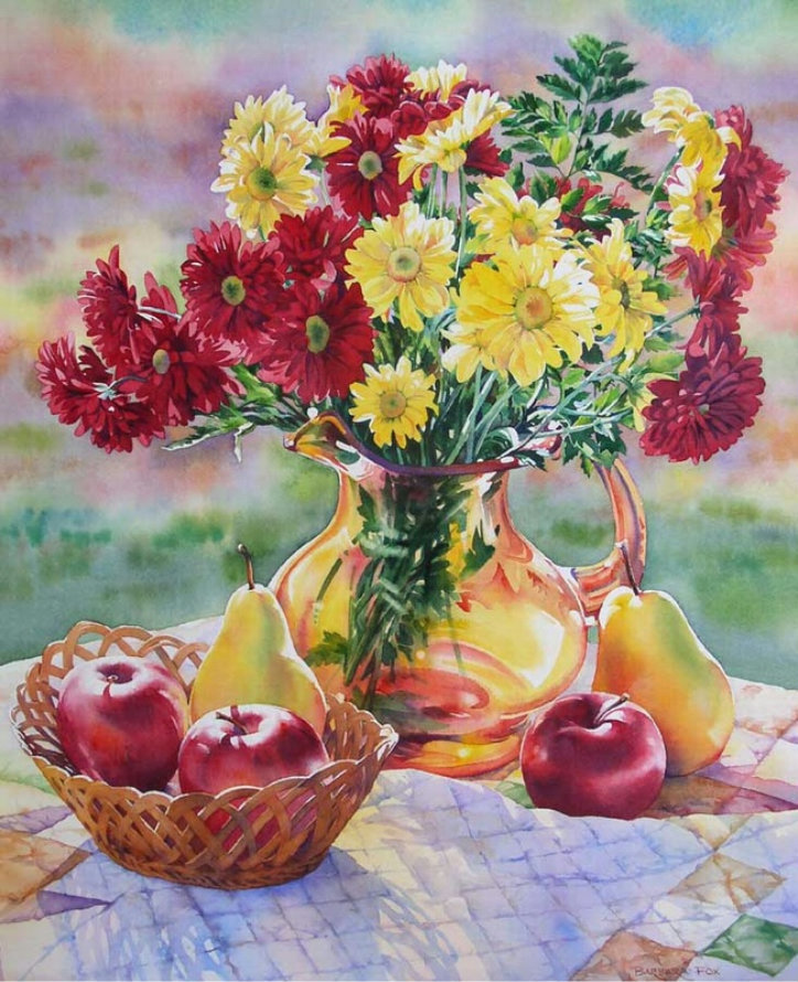 Яблоки и хризантемы - натюрморт, хризантемы, фрукты, яблоки, цветы - оригинал