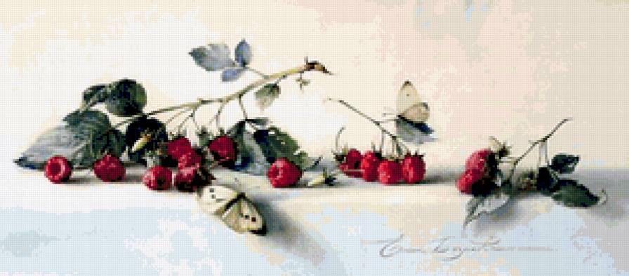 Малина и мотыльки - натюрморт, мотыльки, ягоды, малина, бабочки - предпросмотр