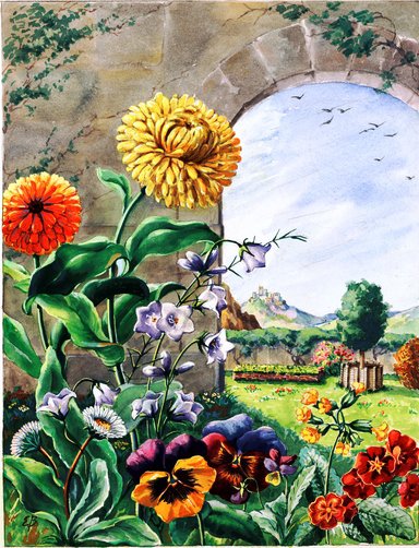 Пейзаж с цветами - природа, анютины глазки, цветы, циния, колокольчики, пейзаж, лето - оригинал