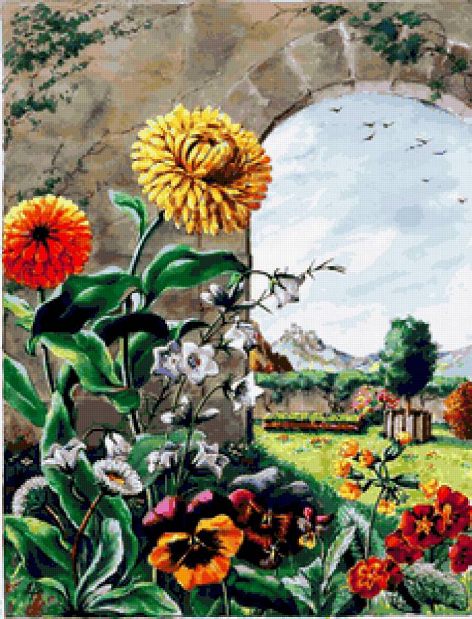 Пейзаж с цветами - циния, колокольчики, пейзаж, анютины глазки, цветы, природа, лето - предпросмотр