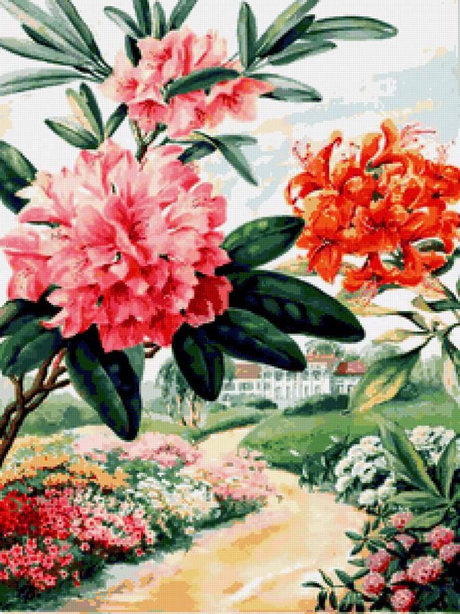 Пейзаж с цветами - лето, цветы, тропические цветы, лилии, природа, пейзаж, азалия - предпросмотр