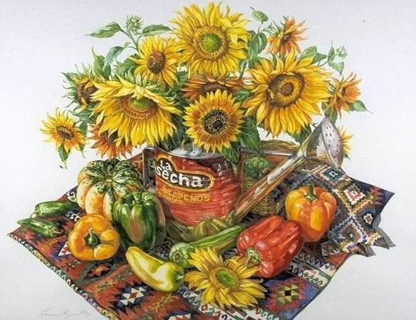 Натюрморт с подсолнухами - подсолнухи, букет, натюрморт, цветы, перец - оригинал