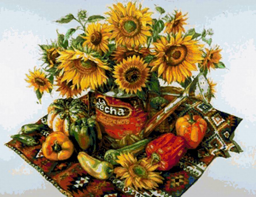 Натюрморт с подсолнухами - натюрморт, подсолнухи, цветы, перец, букет - предпросмотр