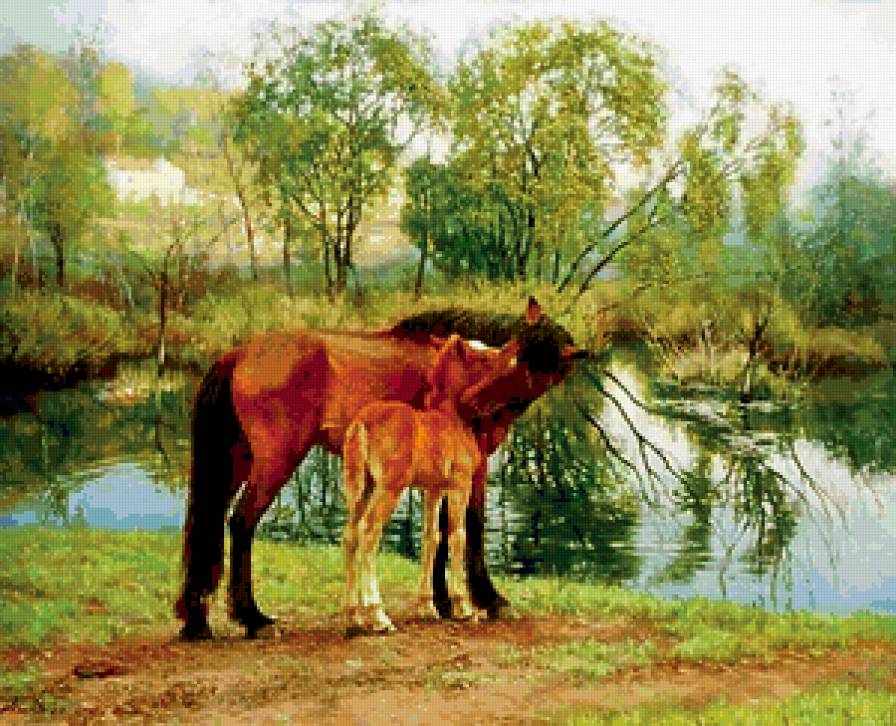 Мамина любовь - пейзаж, кони, животные, лошади, река - предпросмотр