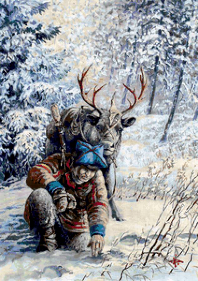 Следы - пейзаж, зима, олени, мужчина, люди, животные - предпросмотр