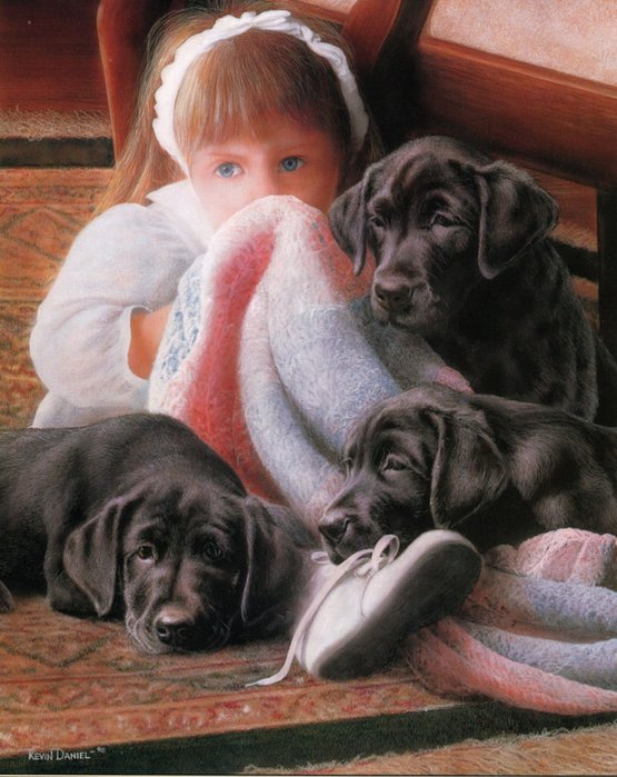 девочка с щенками - собаки - оригинал