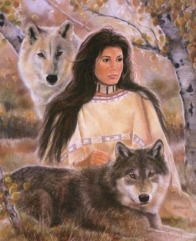 Девушка с волками - животные, волк, природа, женские образы, девушка, картины - оригинал