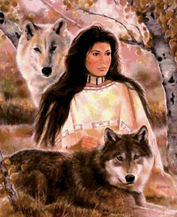 Девушка с волками - волк, природа, женские образы, девушка, картины, животные - предпросмотр