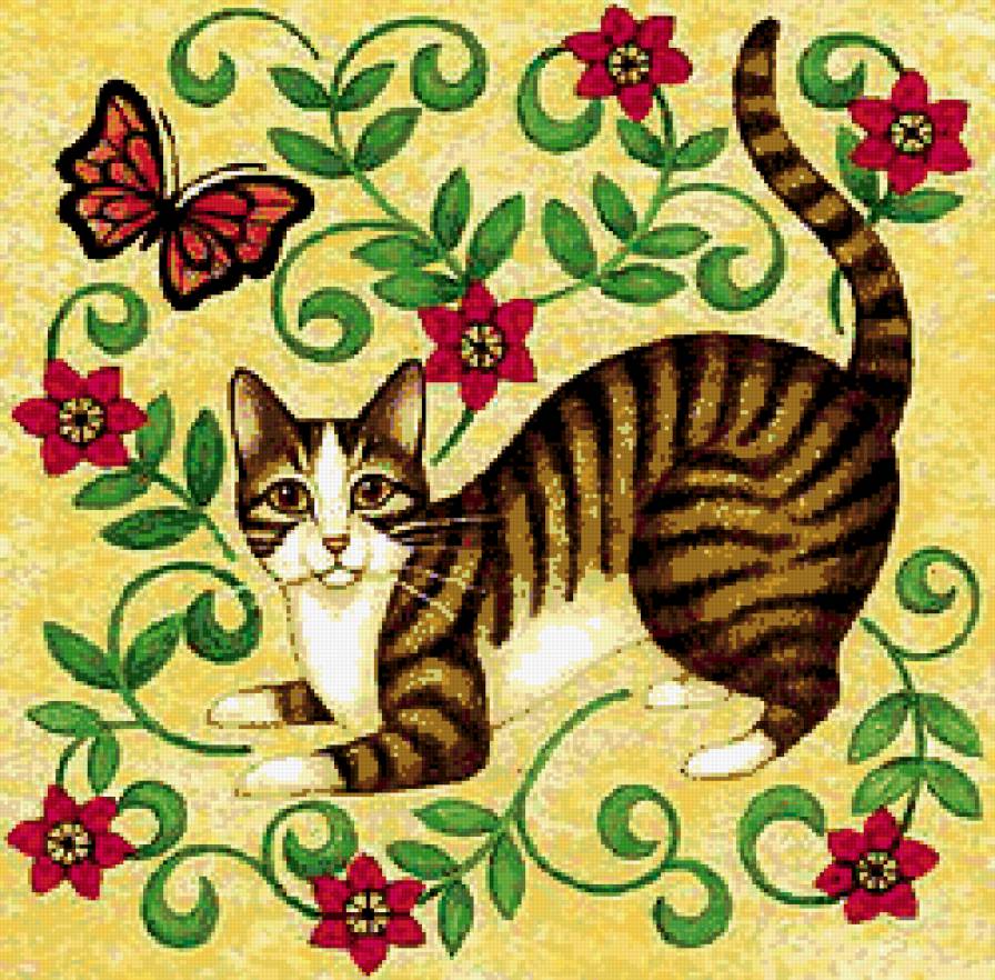 Кошечка - цветы, кошечка, бабочки - предпросмотр