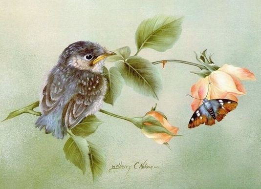№275761 - бабочка, птичка, картина, роза, цветок - оригинал