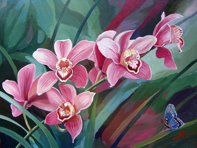 №275984 - бабочка, орхидея, картина, цветы - оригинал