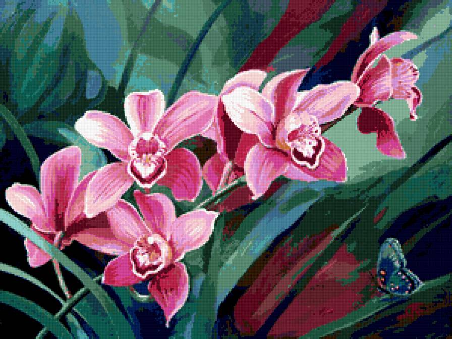 №275984 - бабочка, картина, орхидея, цветы - предпросмотр