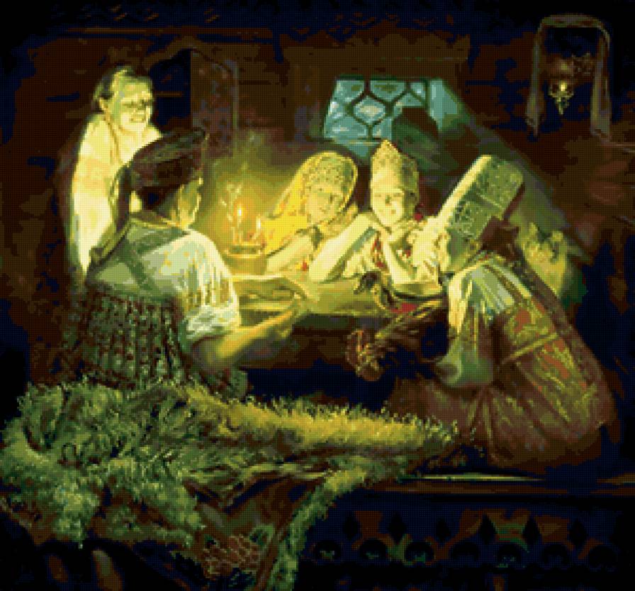 гадание - девушки, гадание, картина, святки - предпросмотр