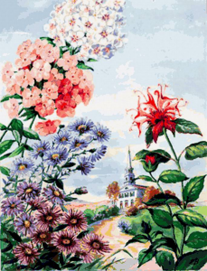 Цветочный пейзаж - пейзаж, домики, флора, природа, хризантемы, цветы, лето - предпросмотр