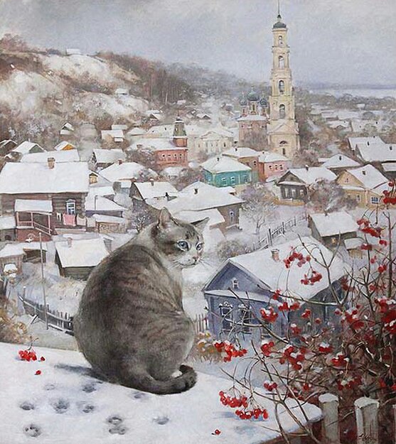 №277788 - деревенский пейзаж, зима, кот, картина, калина - оригинал