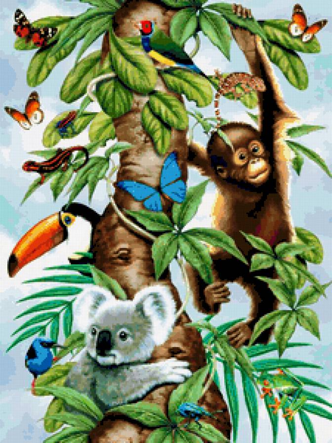 Райский Уголок - ветка дерева, птицы, природа, обезьяна, папугаи, бабочки - предпросмотр