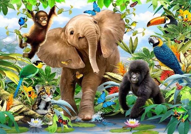 Райский Уголок - обезьяна, попугай, слон, мартышка, бабочки, картина, пальмы, попугаи - оригинал
