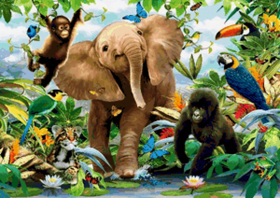 Райский Уголок - слон, картина, попугай, пальмы, мартышка, попугаи, бабочки, обезьяна - предпросмотр