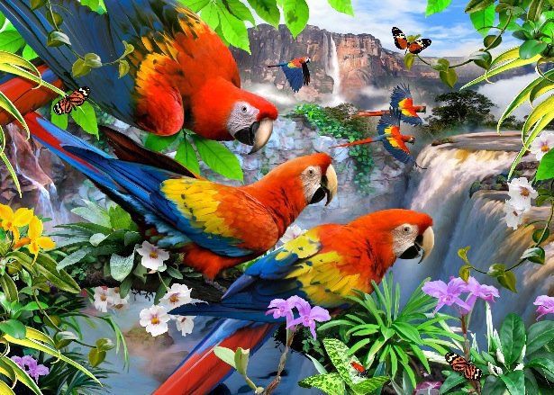 Райский Уголок - попугаи, деревя, природа, водопад, река, пейзаж - оригинал