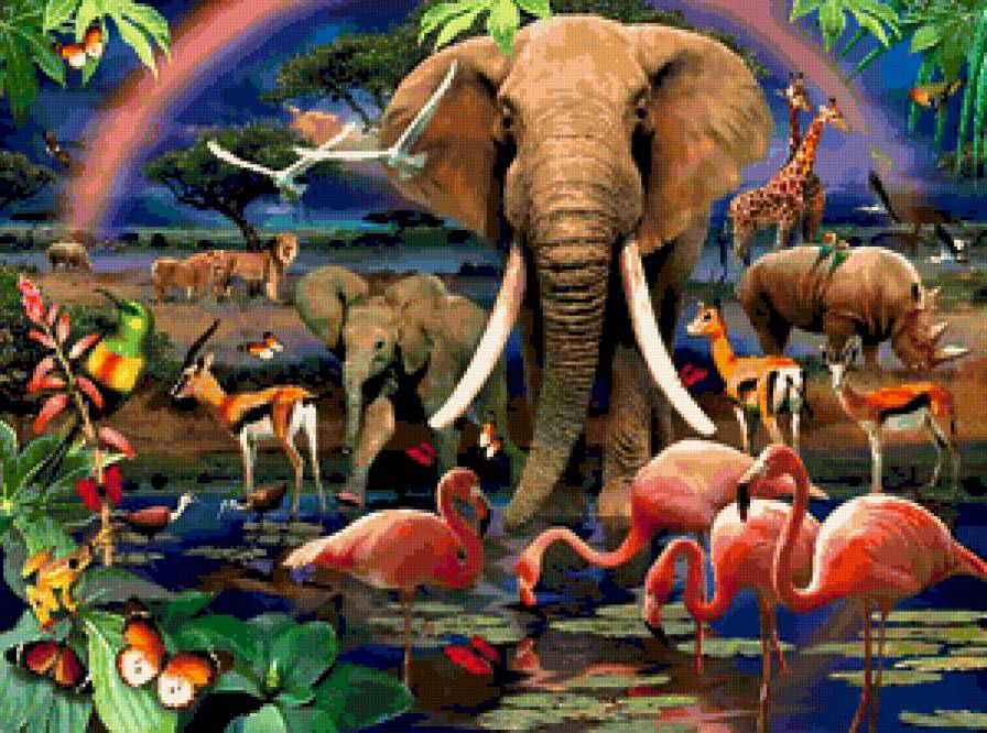 Райский Уголок - природа, носороги, тигры, слоны, деревя, птицы, пейзаж, пальмы, фламинго - предпросмотр