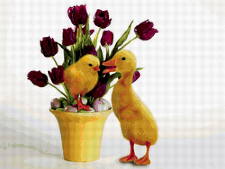 Утенок с цыпленком - животные, утки, цыплята, цветы - предпросмотр