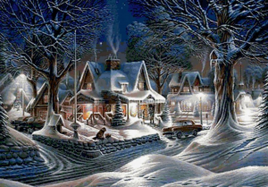 Морозная ночь - мороз, фонари, пейзаж, ночь, домики, снег, зима - предпросмотр