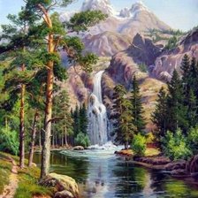Оригинал схемы вышивки «Пейзаж, лес, река, горы» (№279834)
