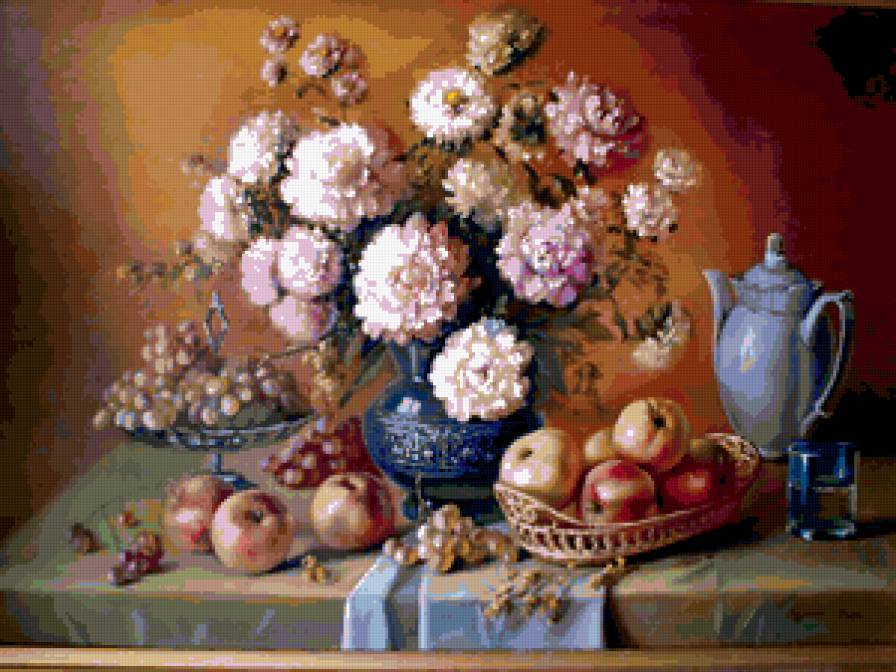 натюрморд - цветы, яблоки - предпросмотр