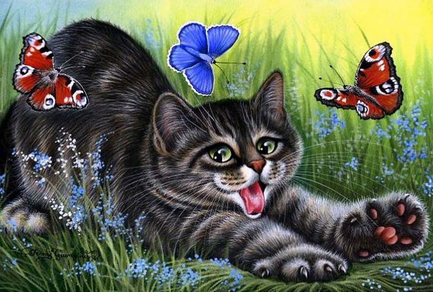 Кот в траве - лето, незабудки, кот, коты, животные, цветы, кошки, бабочки - оригинал