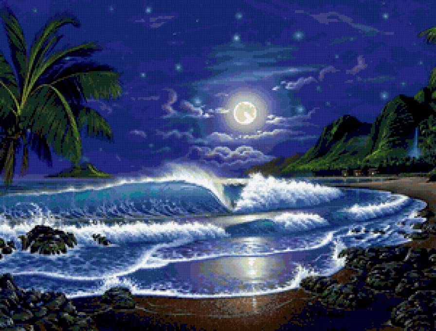 Морской закат - море, волны, небо, пальмы, тучи, пляж, природа - предпросмотр