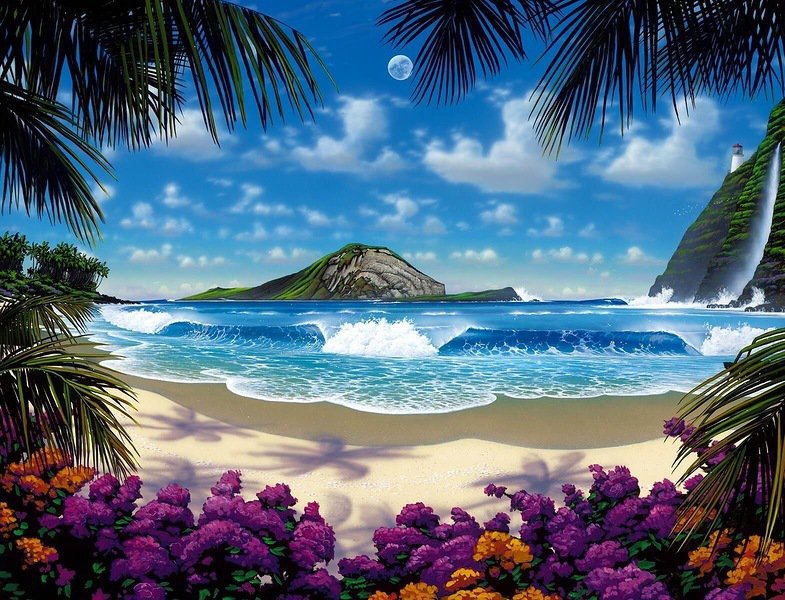 Морской Пейзаж - волны, тучи, небо, цветы, берег, горы, пейзаж, моле, пальмы - оригинал