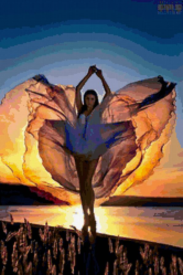 силуэт - синее, закат, девушка - предпросмотр