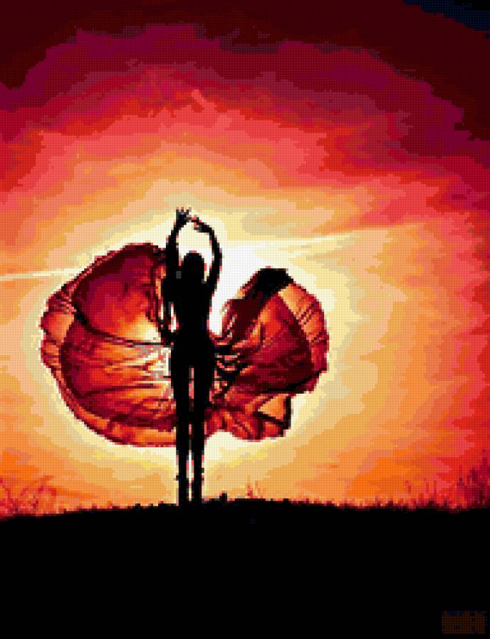 силуэт - закат, красное, девушка - предпросмотр