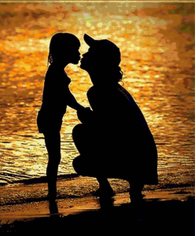 Тень Любви - пейзаж, ребенок, море, мама, любовь, закат, тень, картина - предпросмотр
