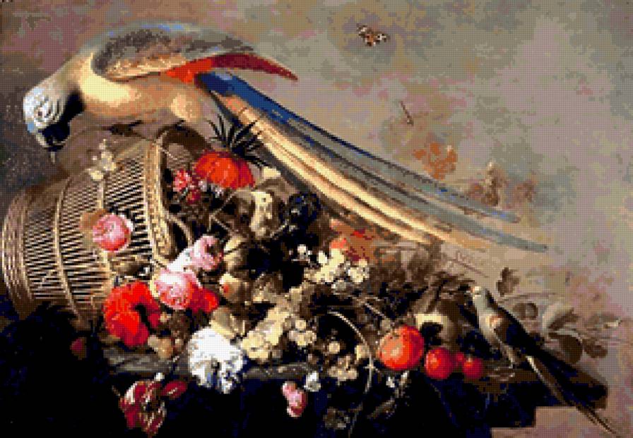 №283358 - цветы, птицы., натюрморт, фрукты - предпросмотр