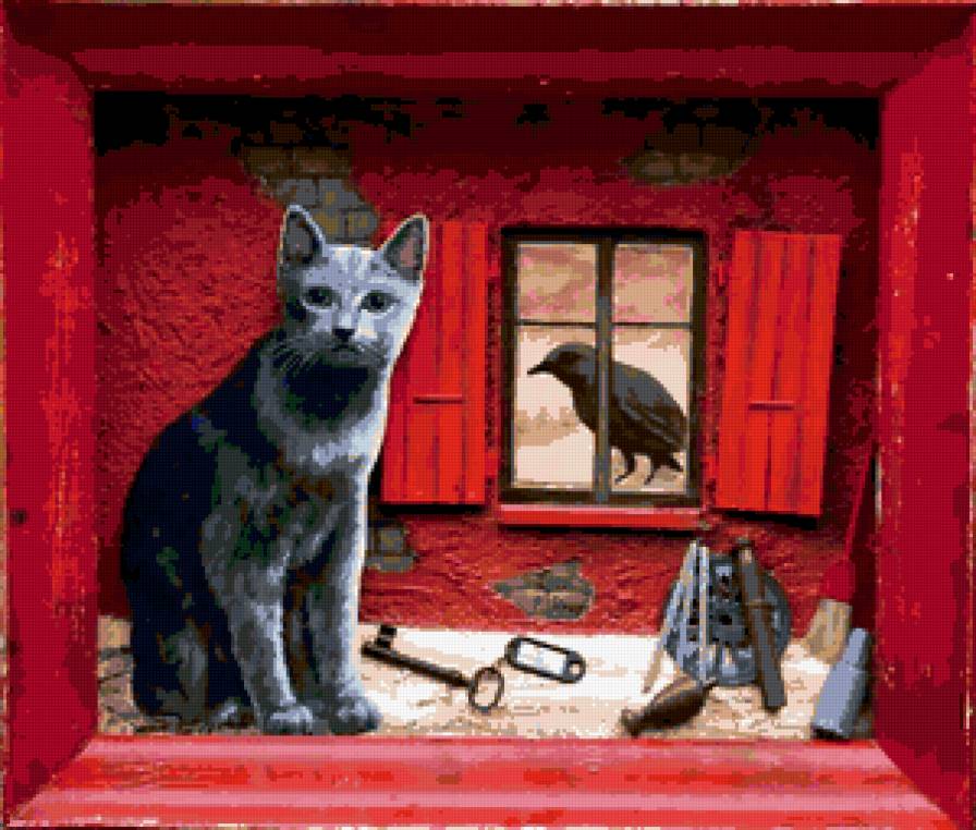 №283412 - птица, животные, натюрморт, фэнтези, кошки - предпросмотр