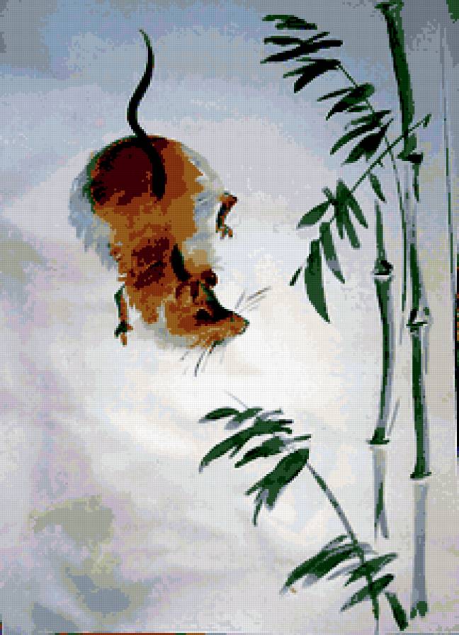 Мышь в бамбуке - животные, восток, мышь, японская акварель, бамбук - предпросмотр