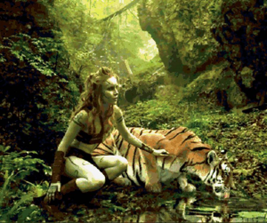 охотница - девушка, охотница, тигр, животное - предпросмотр