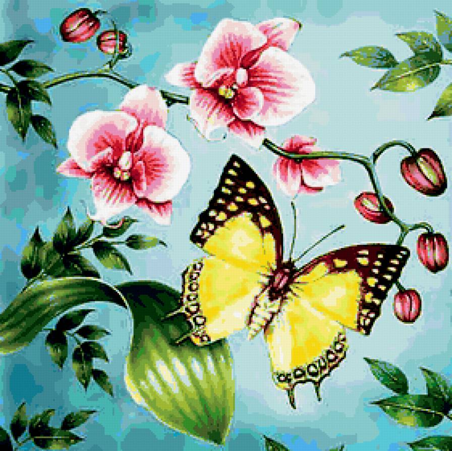 Бабочка и орхидеи - подушка, бабочка, цветы, узор - предпросмотр
