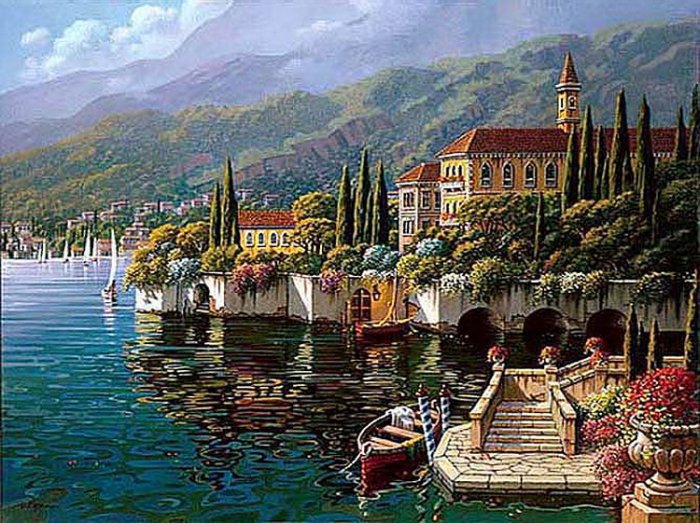 картина Роберта Пежмана - цветы, море, природа, дома, горы, лодка - оригинал