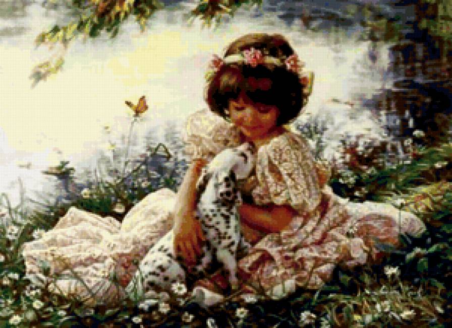 на берегу - озеро, щенок, берег, девочка, дети природа - предпросмотр