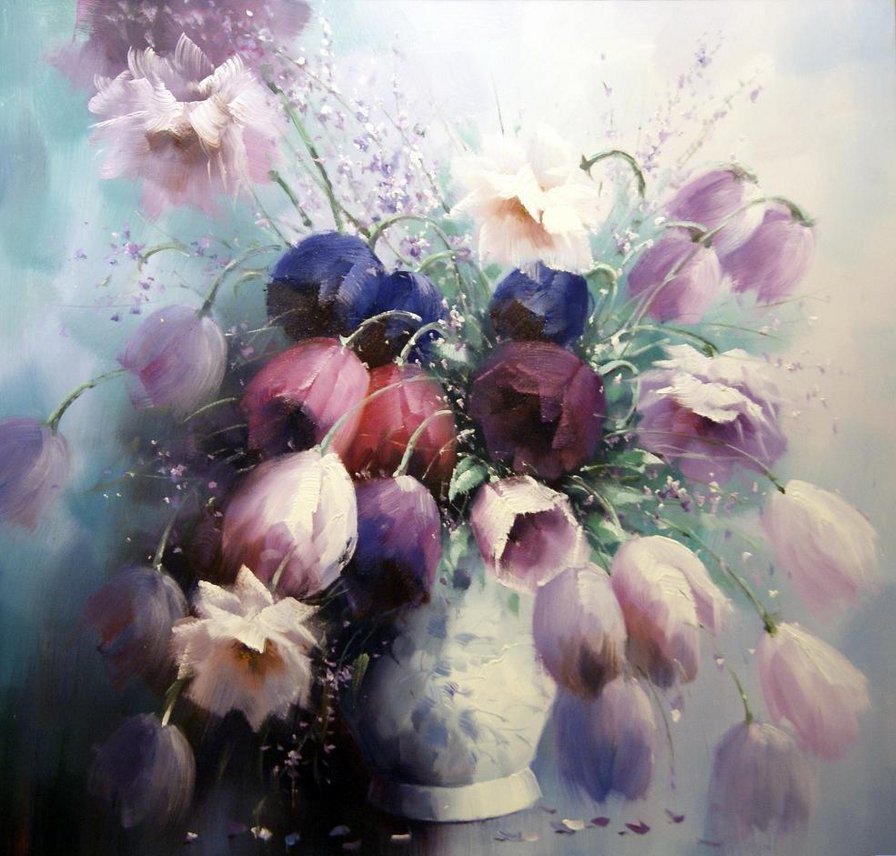 82 - акварель, букет, живопись, тюльпаны, цветы - оригинал