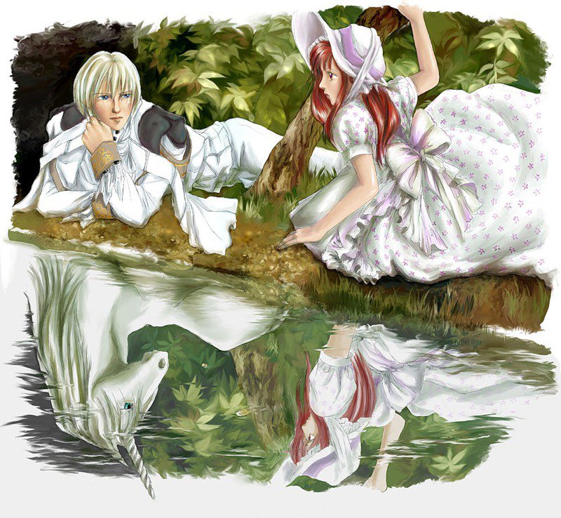 серия "единороги и пегасы" - парень, лес, девушка, озеро, единорог - оригинал