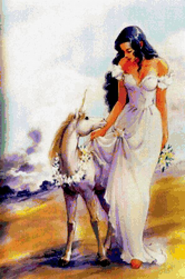 серия "единороги и пегасы" - единорог, девушка - предпросмотр