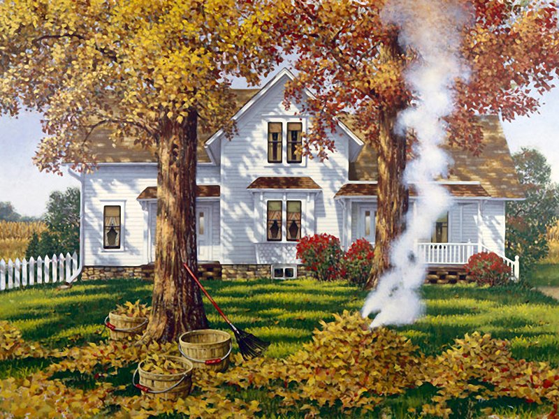 Осень на пороге - осень, дым, дом, пейзаж - оригинал