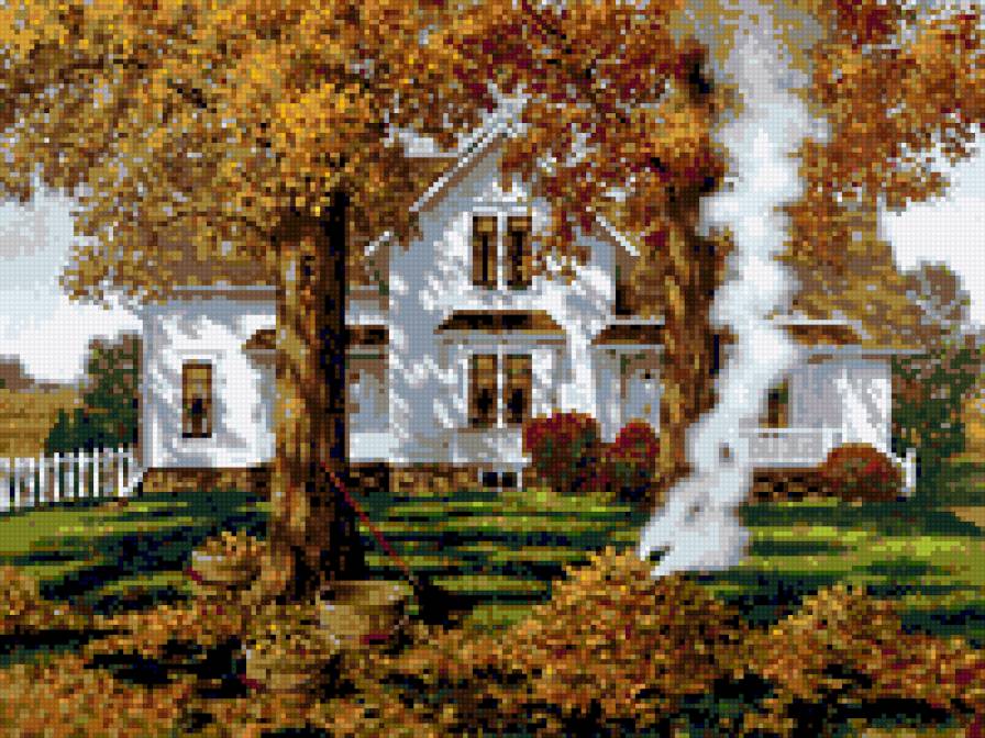 Осень на пороге - пейзаж, дым, дом, осень - предпросмотр